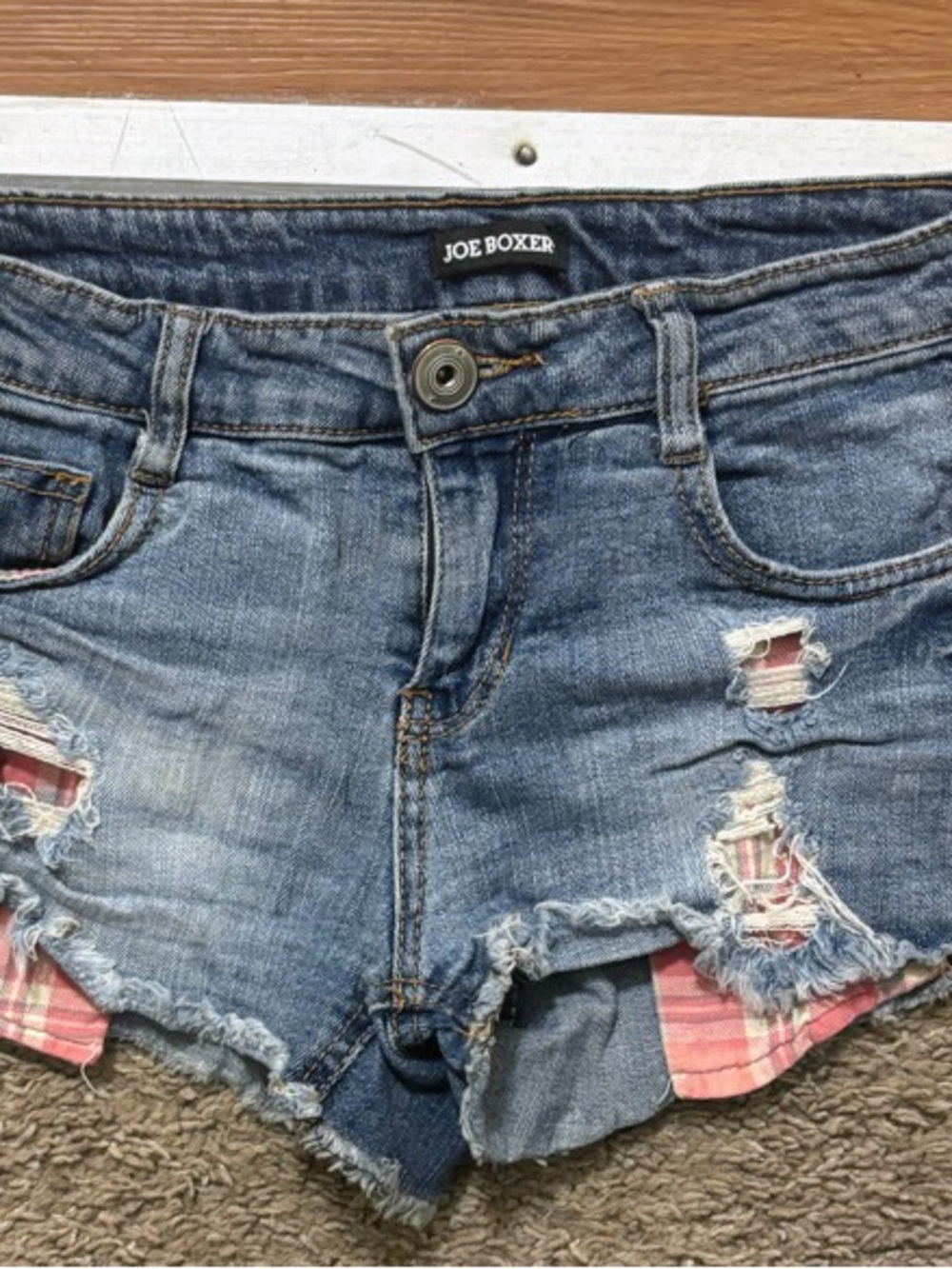 Joe Boxer Woman’s 1 Blue Denim Distressed Shorts Pink Plaid Hanging Out Pockets
